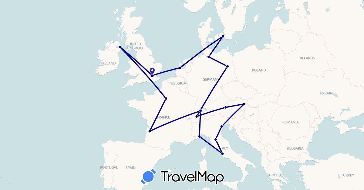 TravelMap itinerary: driving in Austria, Switzerland, Germany, Denmark, France, United Kingdom, Italy, Netherlands (Europe)